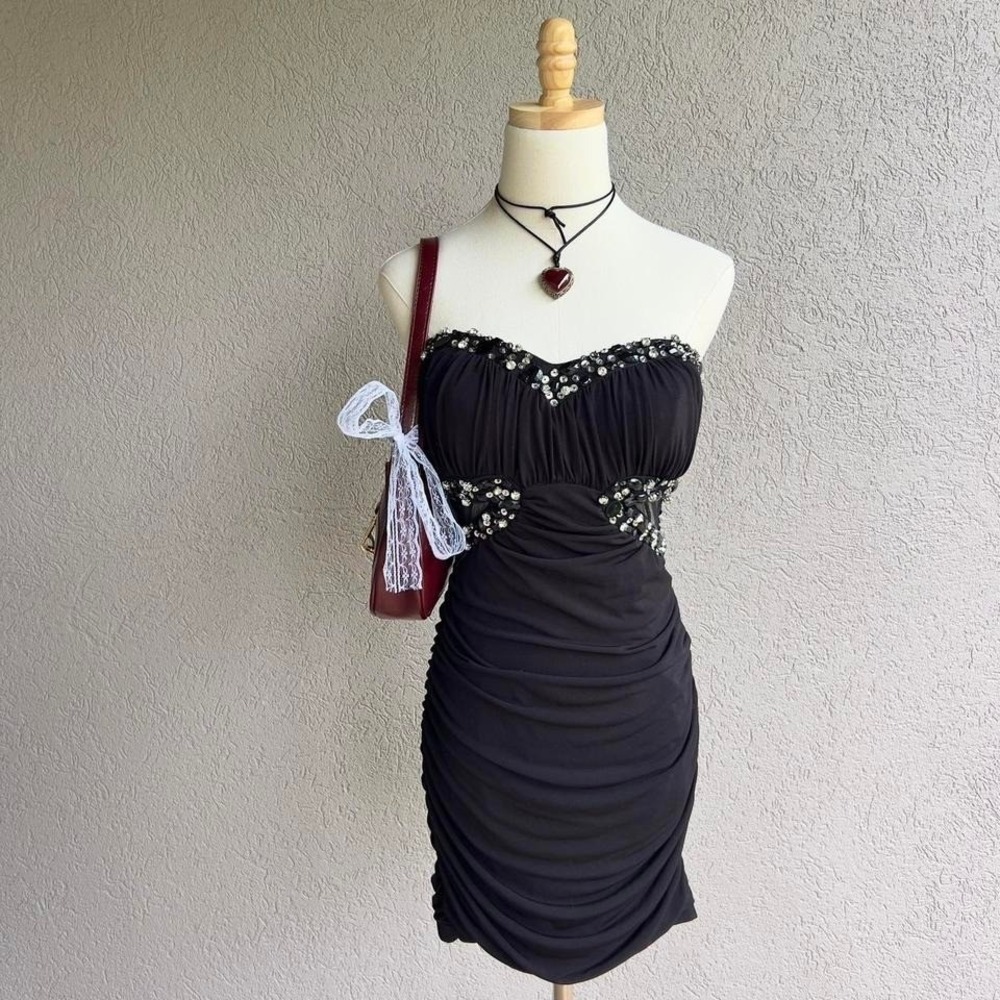 Vintage Y2K Deb Black Beaded Strapless Mini Dress Size M Going Out Glam Preppyโ